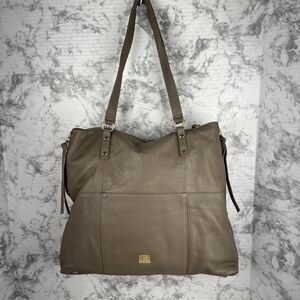 Kooba Womens Pebbled Leather Large Tote Bag Purse Brown Gray Taupe Outer Pocket